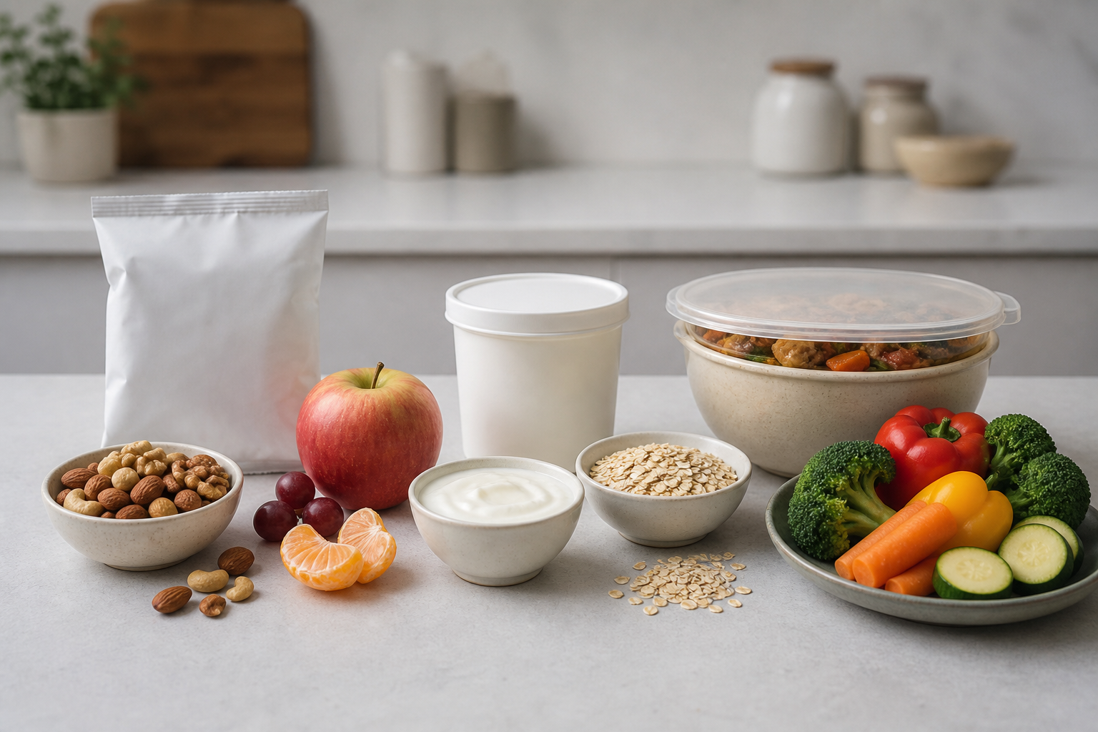 Blank food packages and containers sit beside fruit, nuts, oats, yogurt, and fresh vegetables on a kitchen counter.