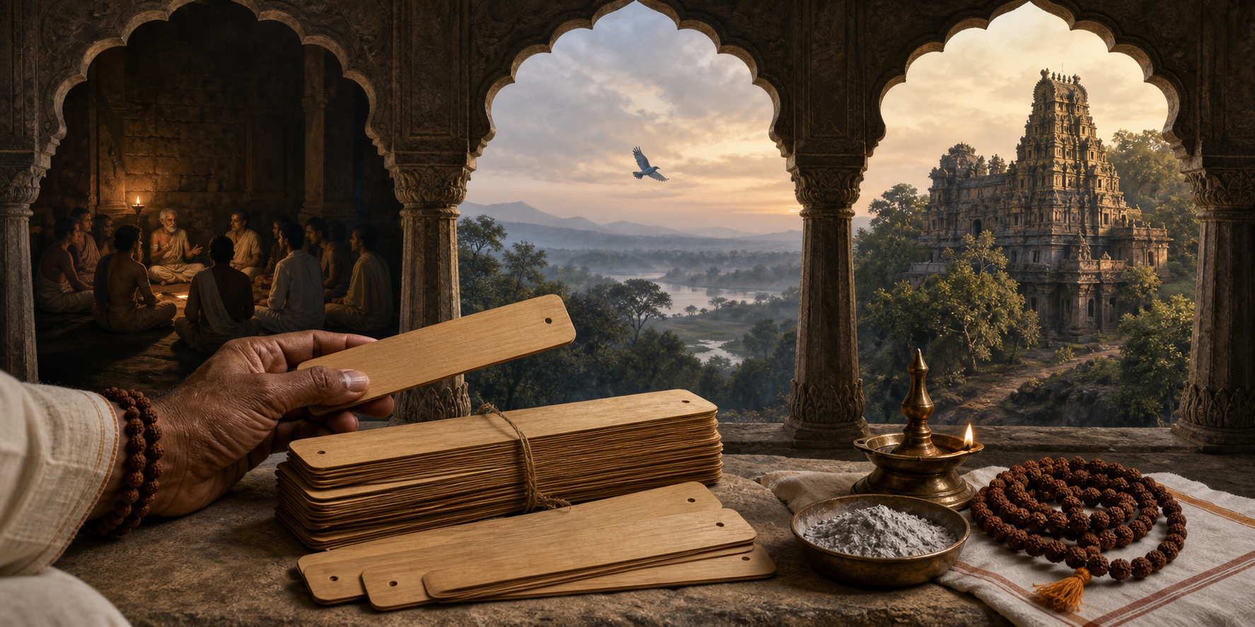 Palm leaves, an oil lamp, sacred ash and rudraksha beads arranged before scenes of oral storytelling, a blue bird over an epic landscape and a hill temple.