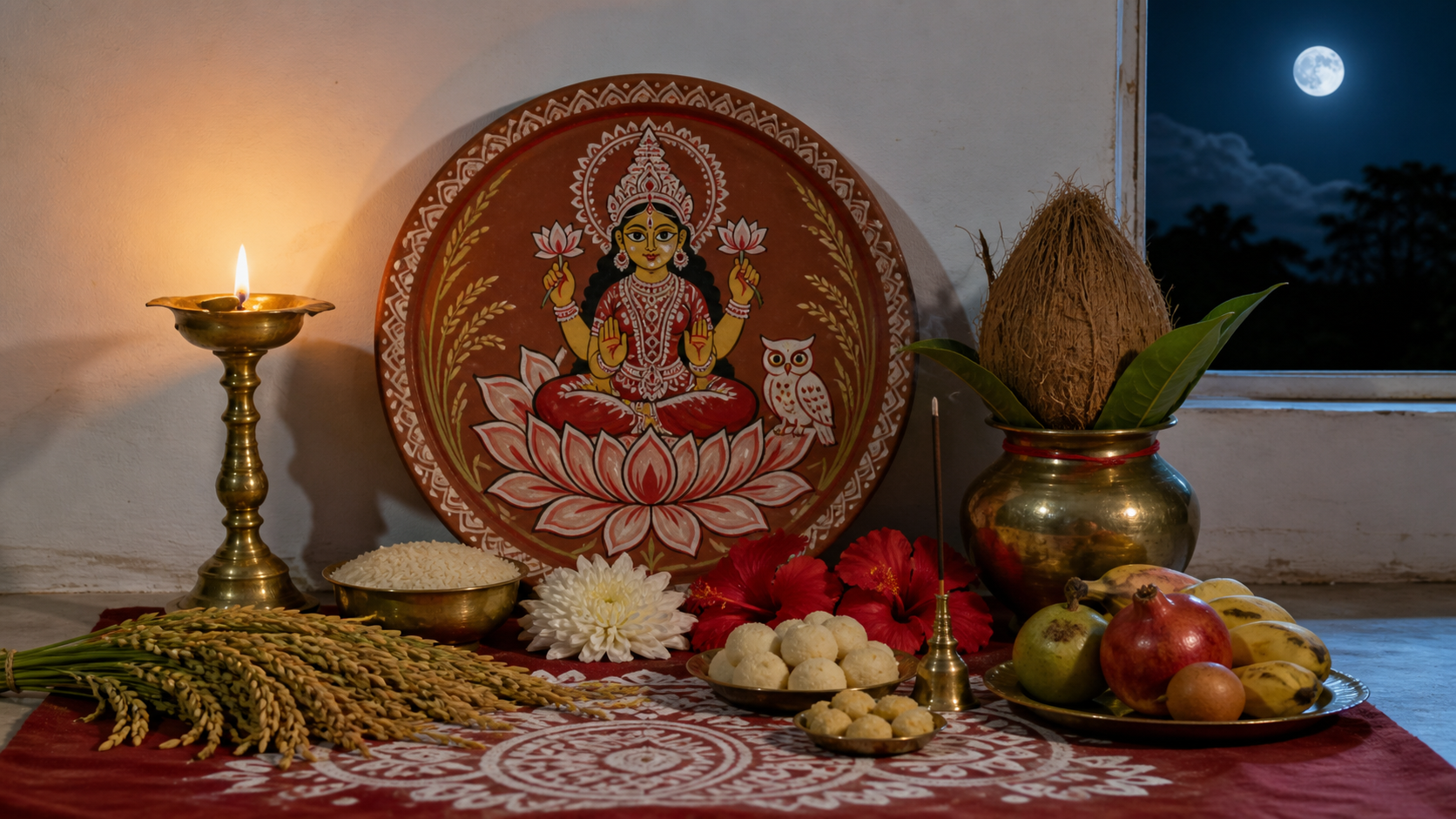 A hand-painted Lakshmi shora stands at the center of a Bengali home altar with rice, paddy, fruit, flowers, a ritual vessel and glowing oil lamps.