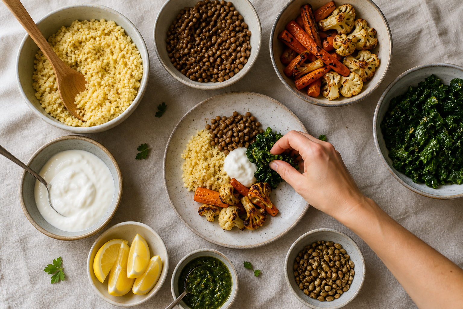 Bowls of grains, lentils, vegetables, yogurt, seeds, lemon, and herb sauce surround a partially assembled meal.