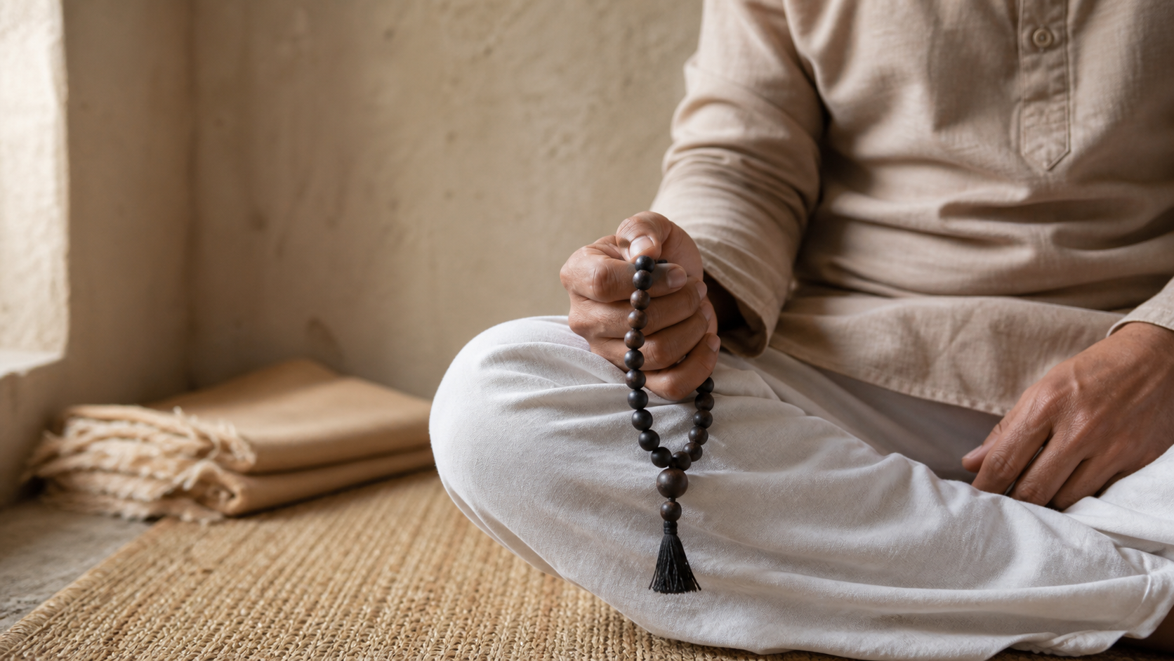 A seated practitioner holds a dark wooden Karungali mala at lap level in a quiet, sunlit meditation space.