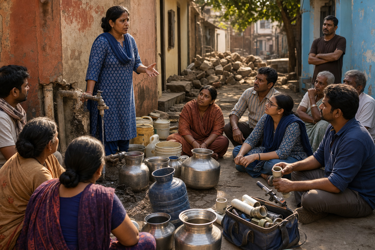 Residents meet around a damaged communal water tap as a woman speaks, neighbors listen, and repair tools and empty water vessels lie nearby.