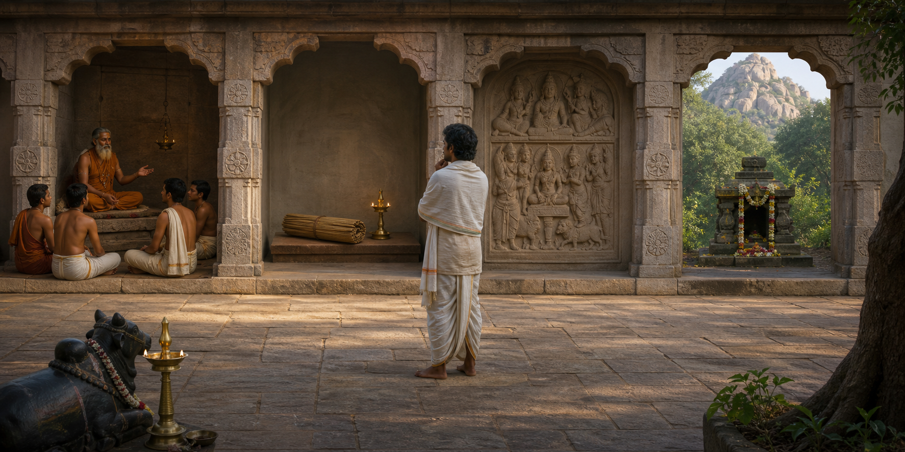 A reader stands among four temple courtyard alcoves containing an oral storyteller, palm leaves, a stone narrative panel and a local shrine.