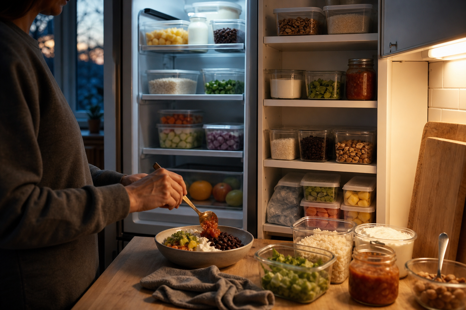 A person assembles a quick bowl beside a refrigerator and pantry stocked with prepared grains, beans, vegetables, fruit, and yogurt.