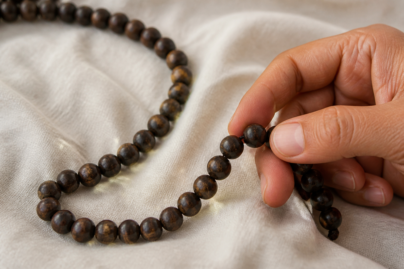 Close-up of a hand moving one dark wooden mala bead between the thumb and middle finger during japa.
