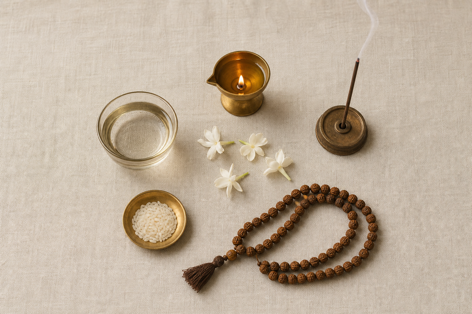 A simple home prayer arrangement with a lit brass lamp, water, white flowers, rice, incense, and prayer beads on a cotton cloth.