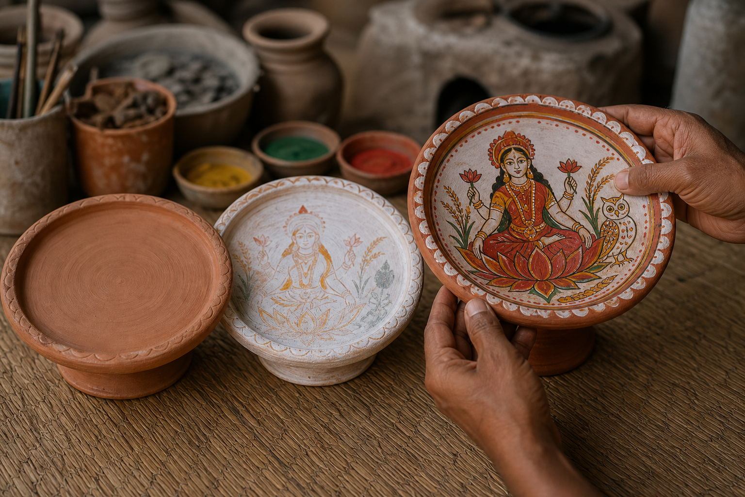 Artisan hands inspect a finished Lakshmi shora beside raw and partly painted terracotta discs in a pottery workspace.