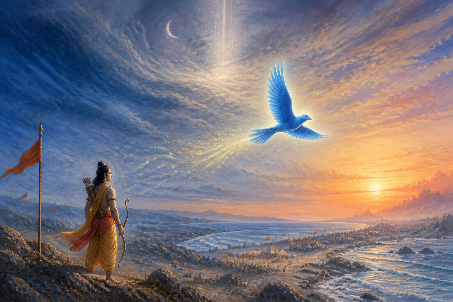 A luminous blue bird flies over a coastal encampment toward Rama while a crescent moon and shaft of light glow in the dawn sky.