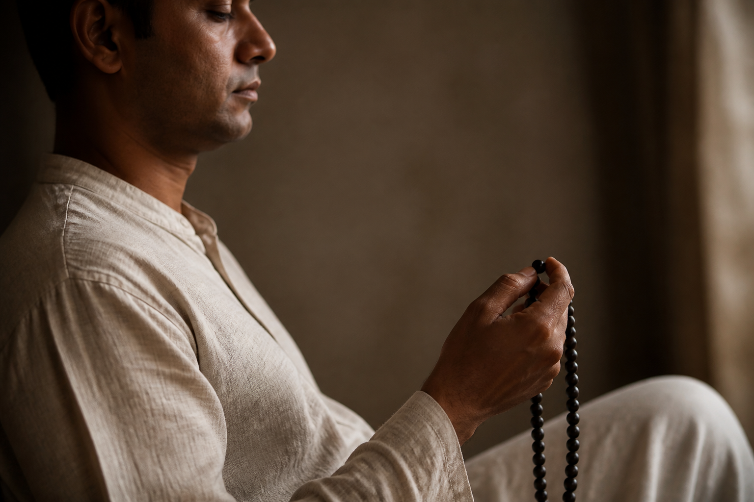A meditating person holds a dark wooden mala while sitting upright with closed eyes and relaxed breathing.