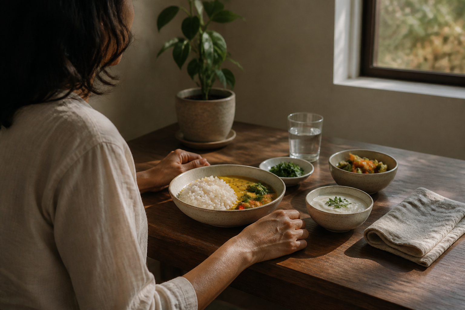 A seated person pauses attentively before a simple meal of rice, dal, cooked vegetables, yogurt, and herbs.