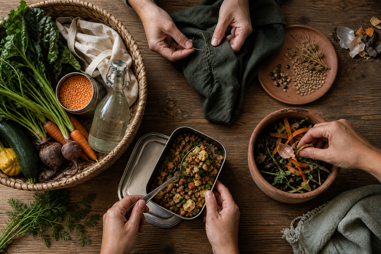 Reusable containers, loose vegetables, a repaired garment, stored leftovers, saved seeds, and an earthen compost pot are arranged on a wooden surface.