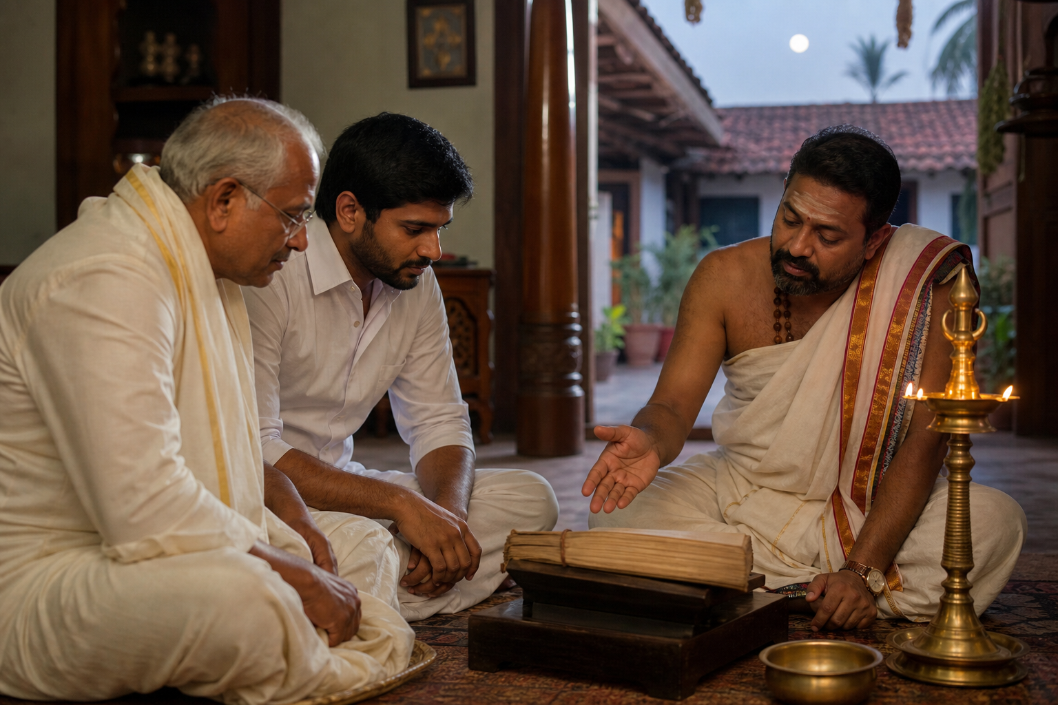 Two family members consult an open Panchang with a temple priest beside a brass lamp in a Telugu courtyard.