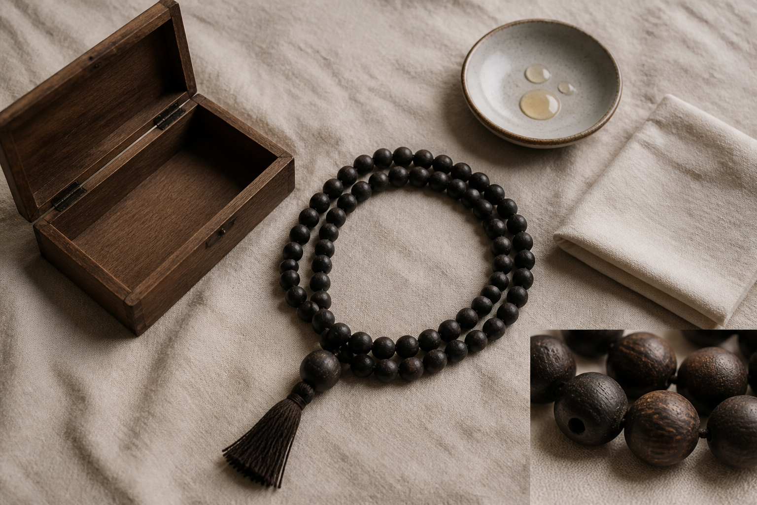 A dark wooden Karungali mala rests beside a plain storage box, a soft cloth, and a small dish used for simple care.