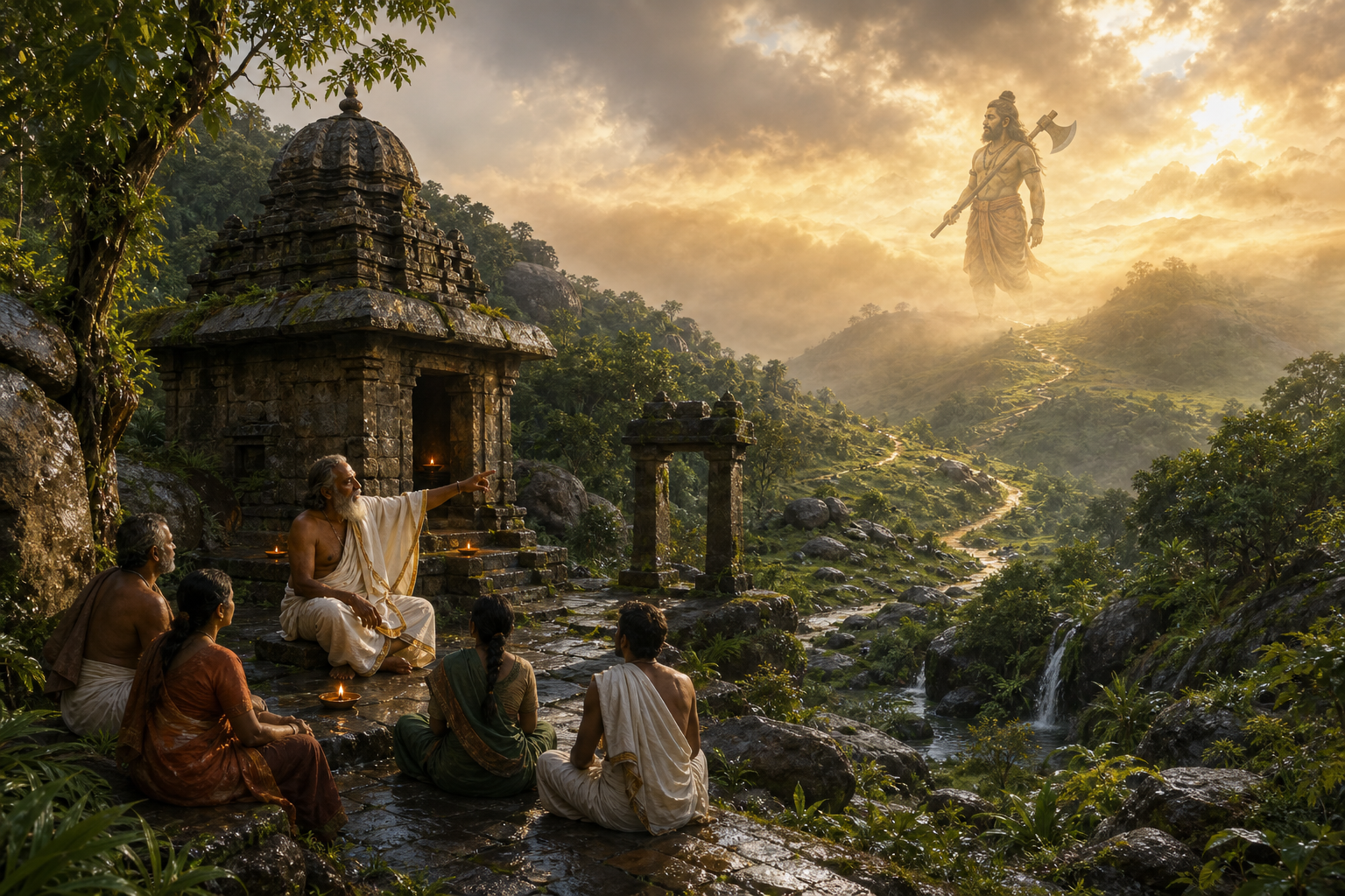 An elder tells visitors about a stone hill temple as a symbolic axe-bearing figure appears in golden mist above the surrounding landscape.