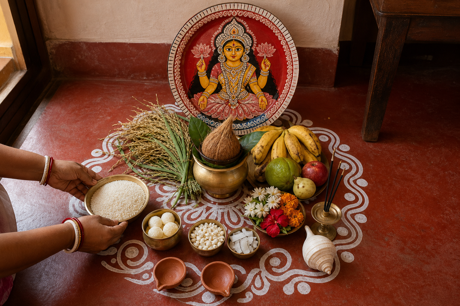 Adult hands arrange rice before a Lakshmi shora on a home altar with paddy, fruit, flowers, a ritual vessel, lamps and alpana.