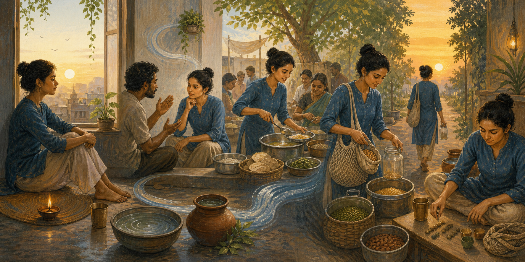 The same person is shown reflecting in the morning, listening during a conversation, serving a community meal, and carrying groceries in reusable containers later in the day.