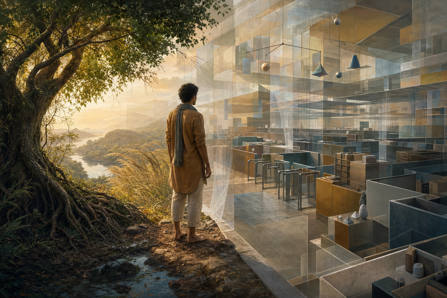 A barefoot person stands between a sunlit forest with exposed roots and a maze of office partitions, turnstiles, and translucent geometric screens.