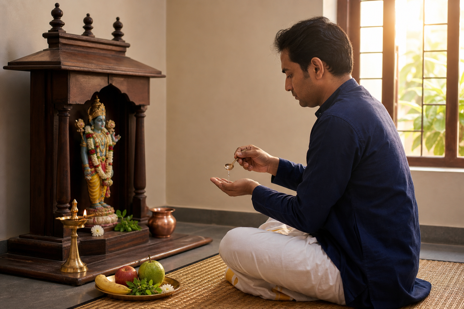 A devotee holds water in a ritual resolve gesture before a simple Vishnu shrine with a lamp, tulsi, flowers, and fruit.