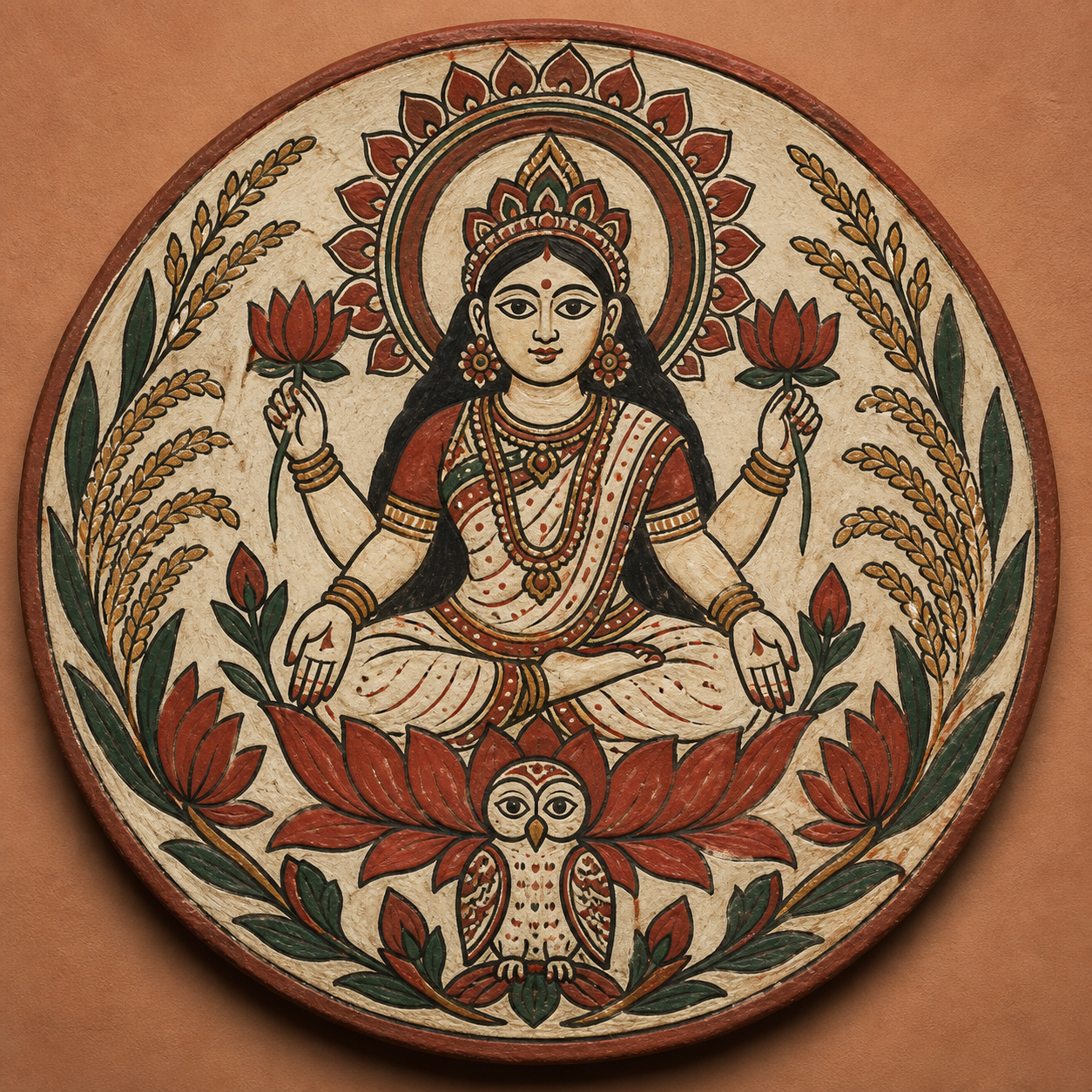 Close view of a circular terracotta Lakshmi shora painted with Lakshmi on a lotus, an owl, paddy stalks and floral motifs.