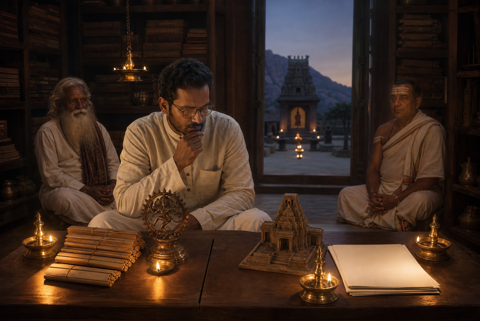 A researcher in a temple library compares palm leaves, a ritual object, a shrine model and blank notes while two tradition bearers sit nearby.