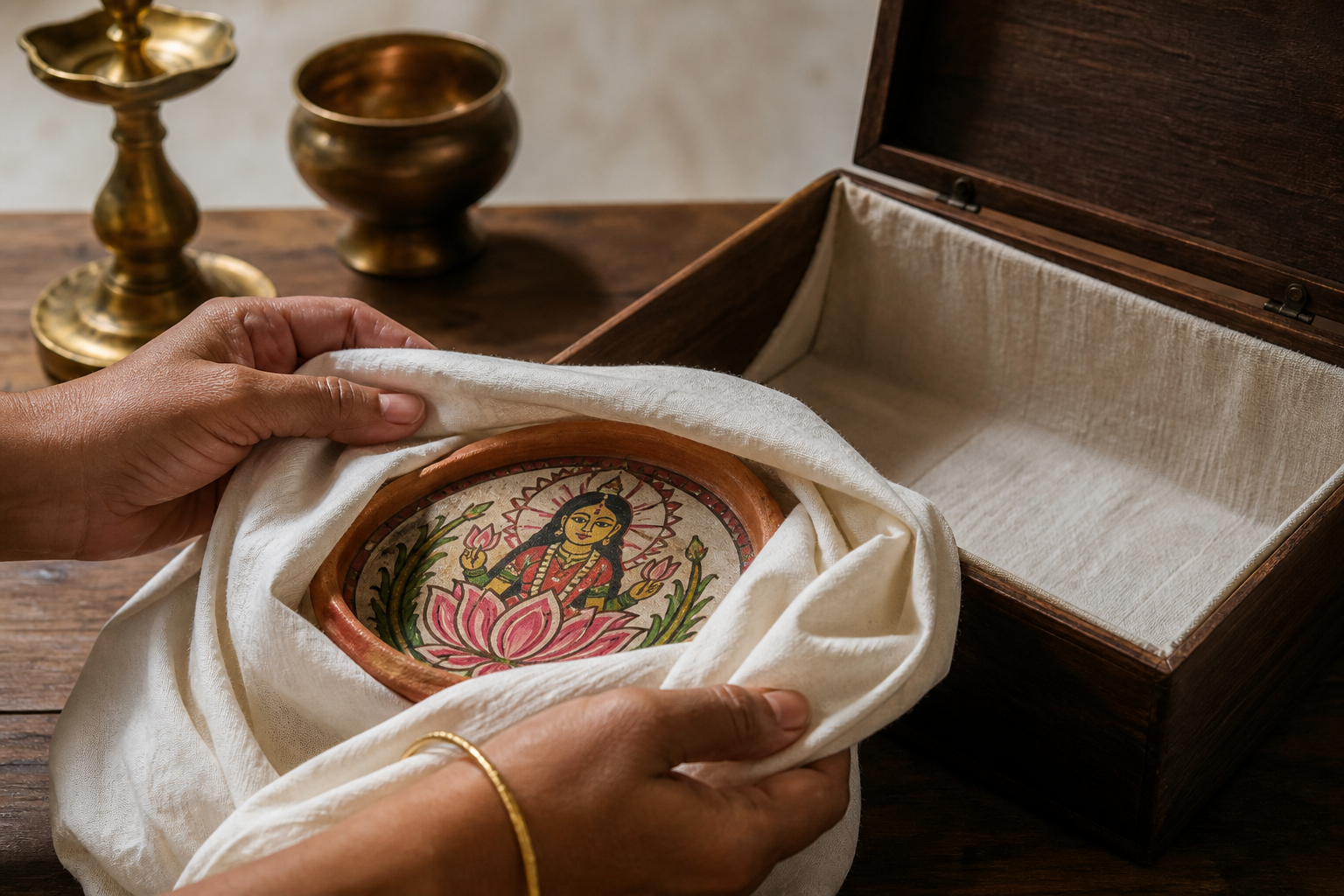 Adult hands wrap a dry Lakshmi shora in plain cotton beside a lined storage box and cleaned brass ritual objects.
