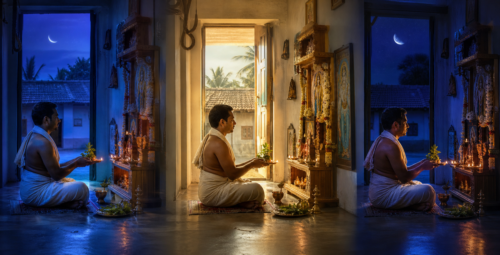Three blended moments show the same devotee repeating a lamp and tulsi offering at one Vishnu shrine as the moon changes outside.