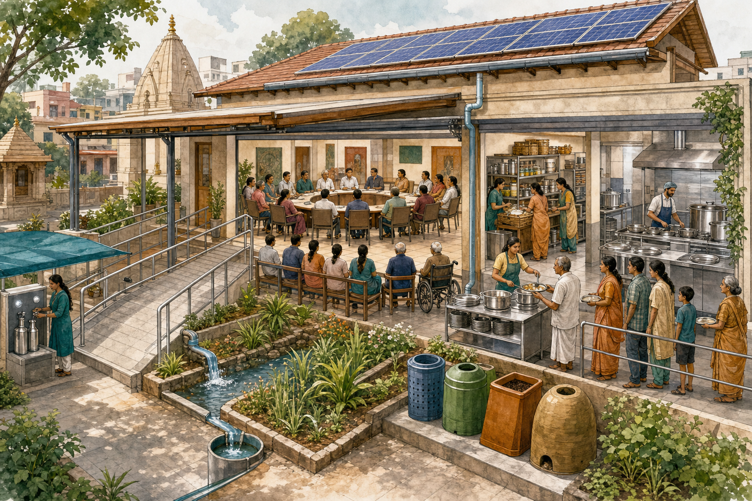 A community hall beside a temple has a ramp, water refill points, rainwater collection, solar panels, compost vessels, a reusable-plate kitchen, and a meeting around a shared table.