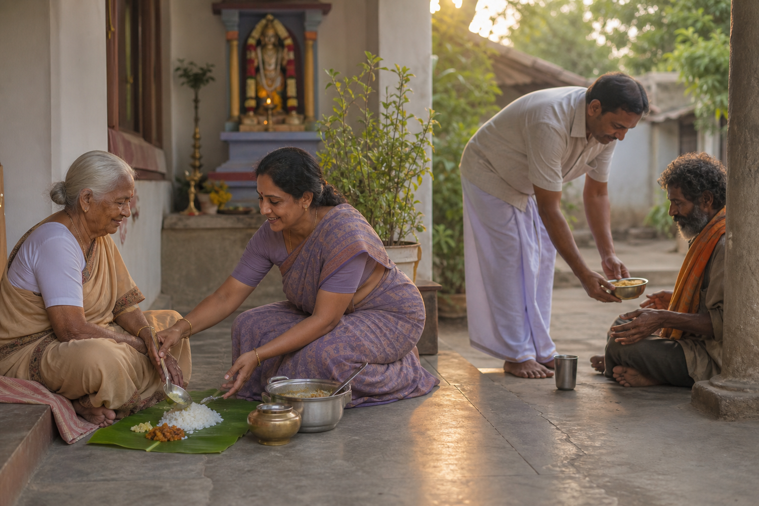 A devotee serves a simple meal to an elderly relative and offers food and water to a visitor, with a Vishnu shrine in the background.