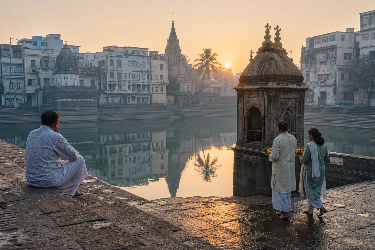 Worshippers and a seated visitor beside an old stone sacred tank in Mumbai during the quiet light of sunrise.