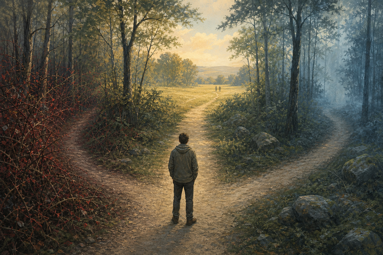 A person pauses where a woodland trail divides into three paths, with the open middle route leading toward a bright meadow.