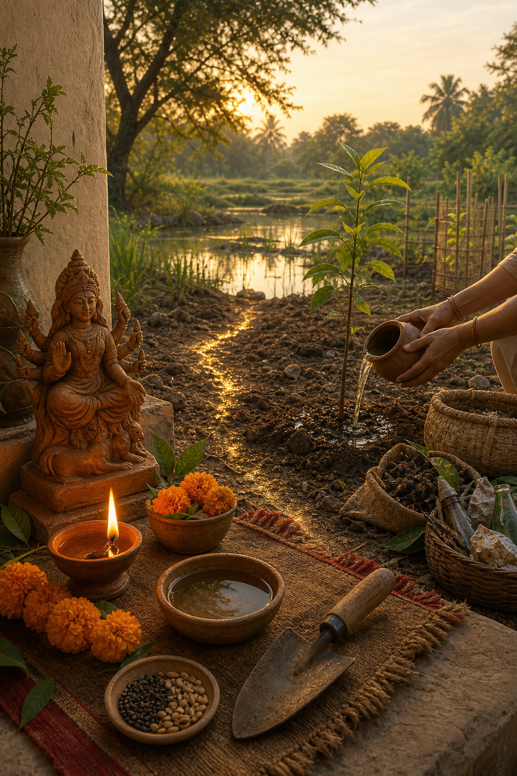 A simple Durga altar with a lamp, flowers, water, seeds, and a trowel visually connects to hands watering a newly planted sapling beside a pond.