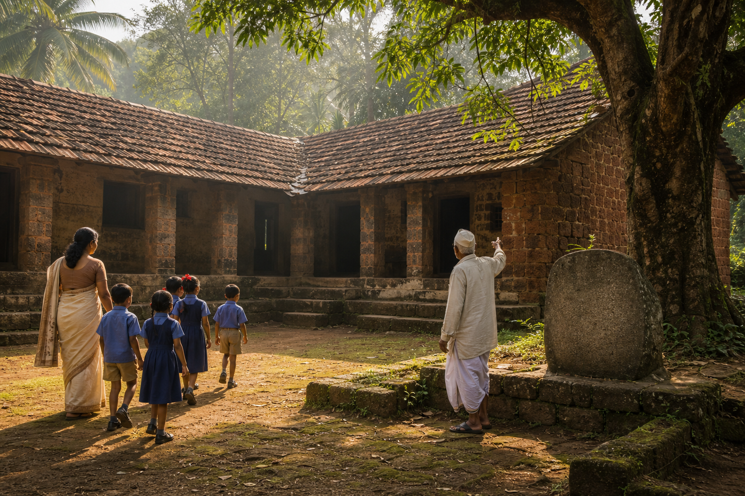 A teacher, students, and an elderly resident examine the courtyard and weathered architecture of a rural Maharashtra school.