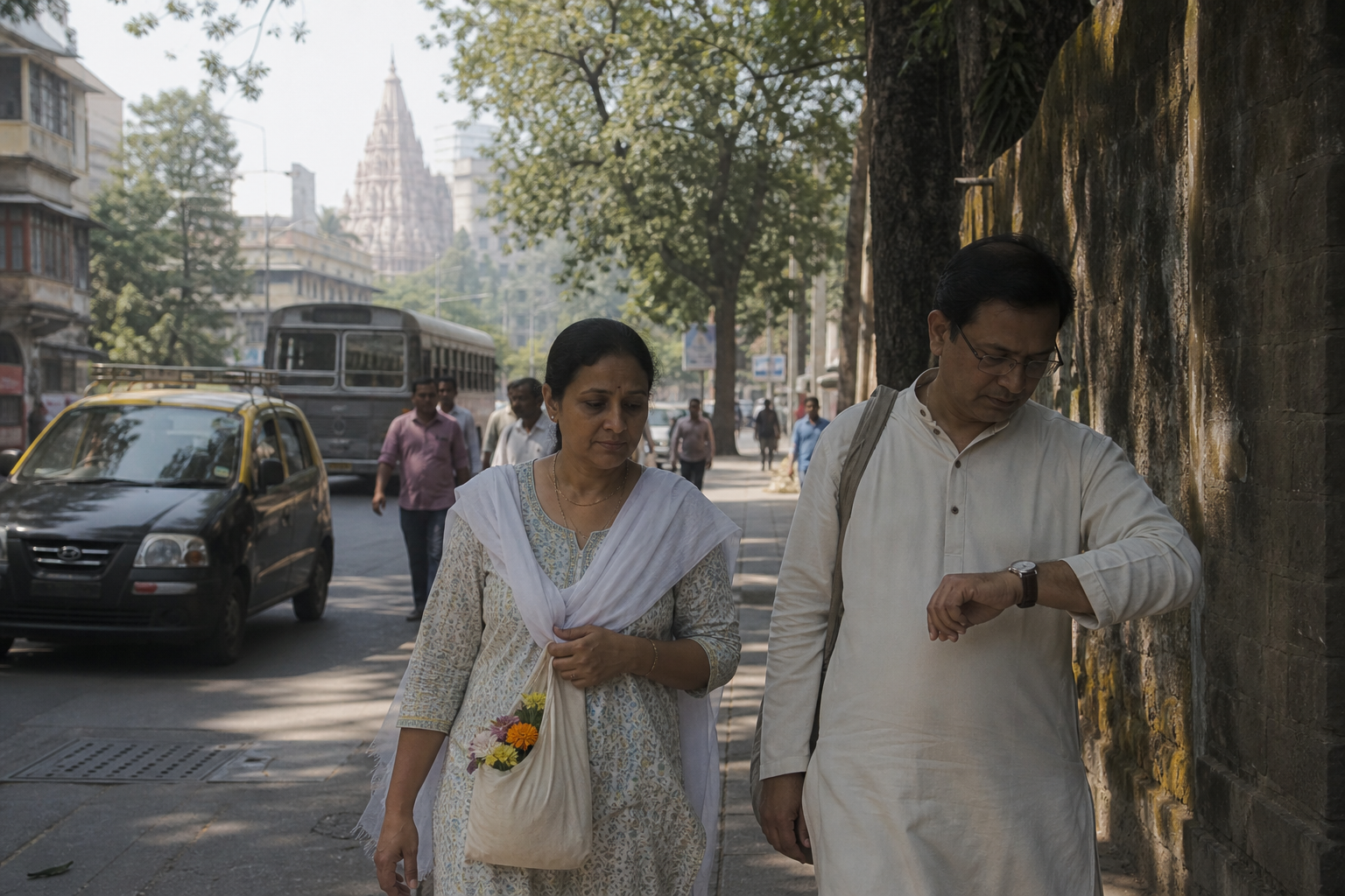 Two pilgrims walking at an unhurried pace through a Mumbai neighborhood while taxis, a bus and pedestrians move in the background.