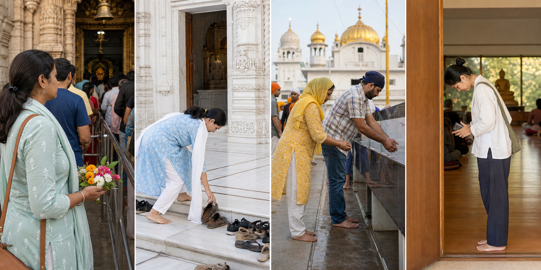 Four separate scenes show visitors waiting for Hindu darshan, removing shoes at a Jain temple, covering their heads at a gurdwara and bowing before a Buddhist hall.