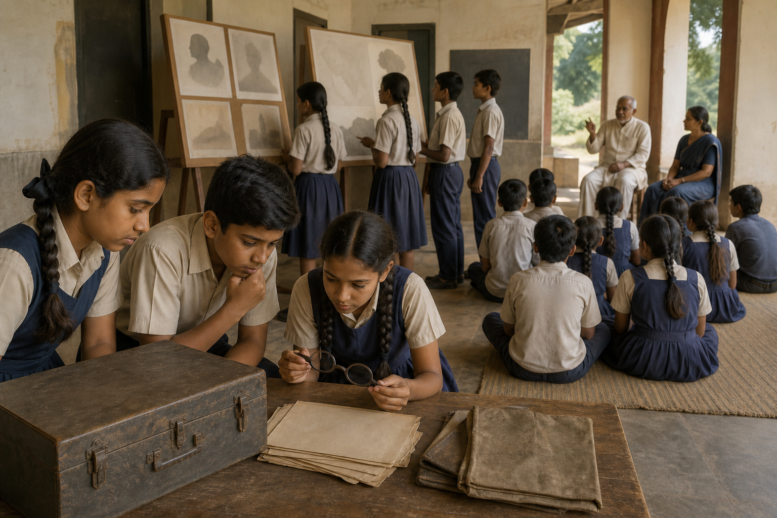 Students examine historical objects and archival displays while another group listens to a village elder in a school exhibition.