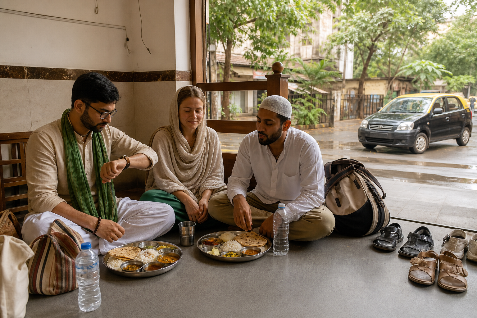 Three travelers pause for a simple vegetarian meal beside a shaded Mumbai lane during their day of sacred-site visits.