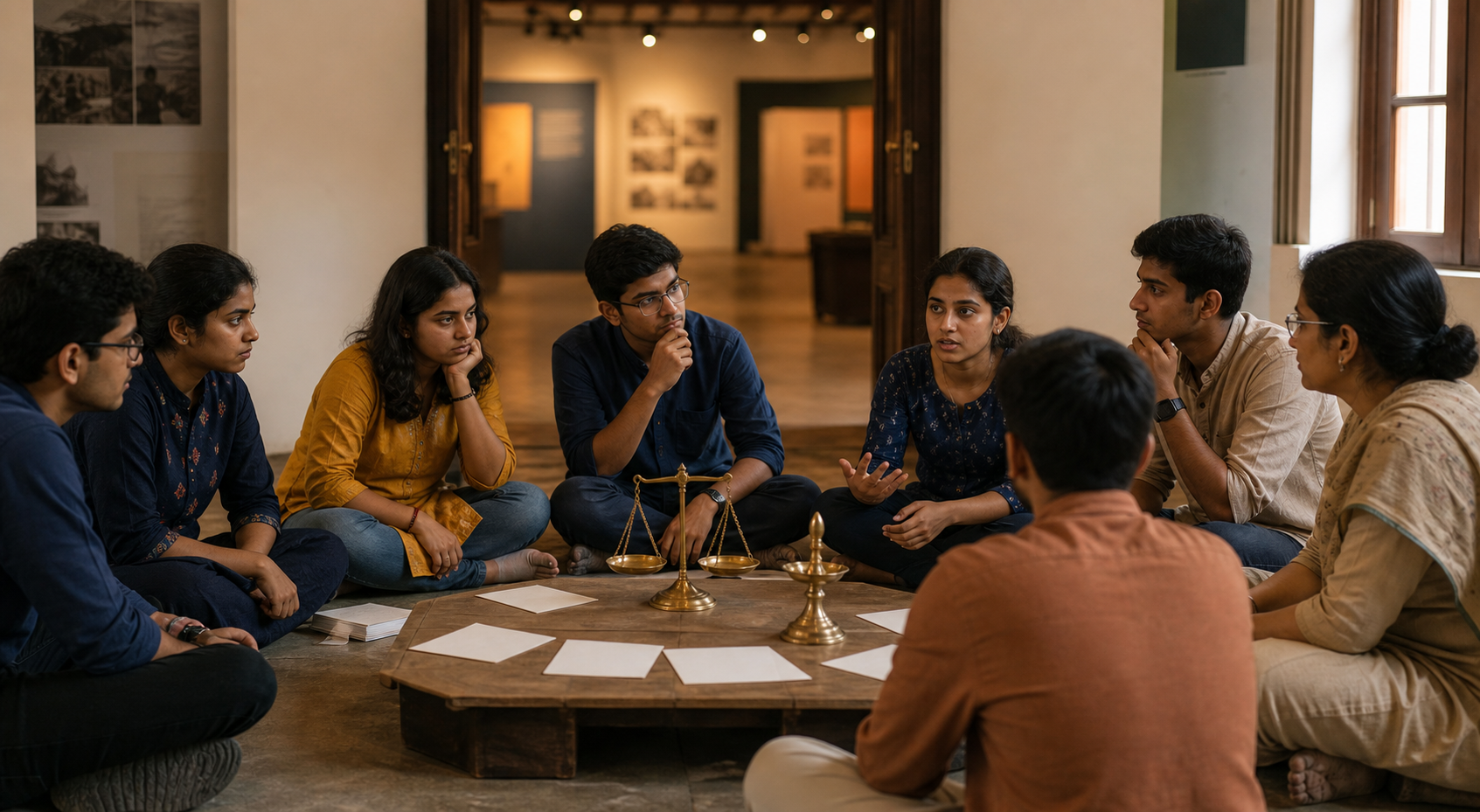 Students hold a reflective circle discussion around a table with a brass lamp, a balance scale, and blank discussion cards.