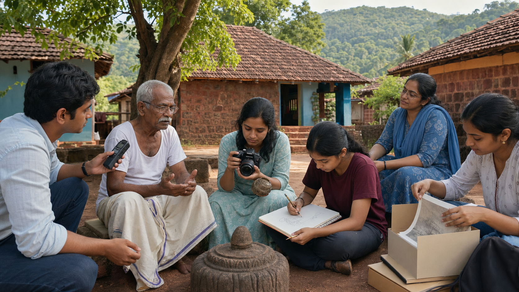 Students document an elderly villager's memories and examine a household heirloom in a shaded Maharashtra village courtyard.