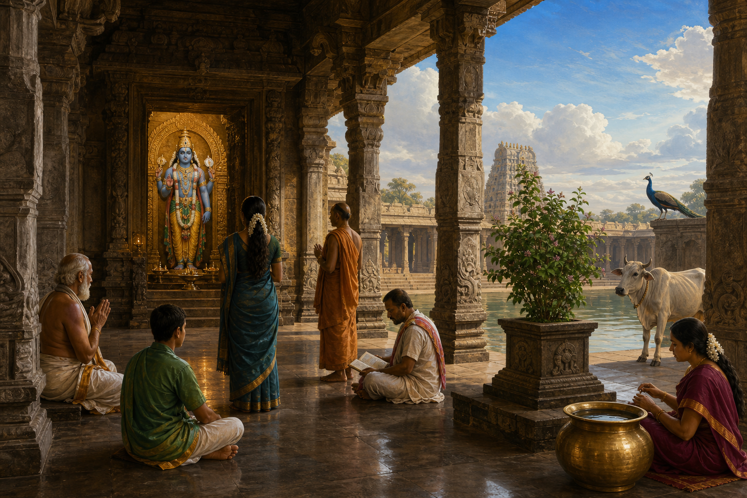 Vishnu in a distant temple sanctum with distinct devotees, animals, plants, vessels, and stone architecture in the surrounding hall.