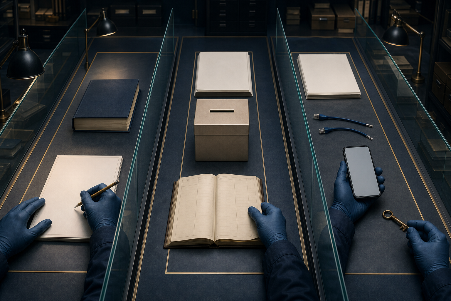 Three glass-separated investigative paths contain exam materials, financial records, and communication devices.