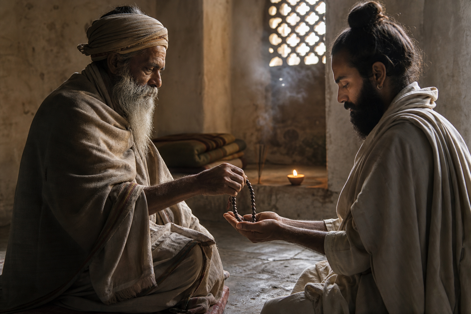 An elder Nath teacher places a prayer mala into an adult disciple's open hands inside a modest ashram room lit by a clay lamp.