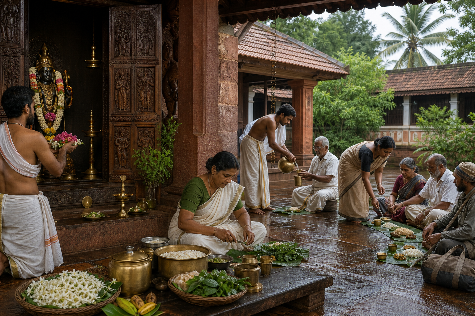 Devotees pray at a Vishnu shrine, prepare a communal meal, and serve food and water in a temple courtyard.