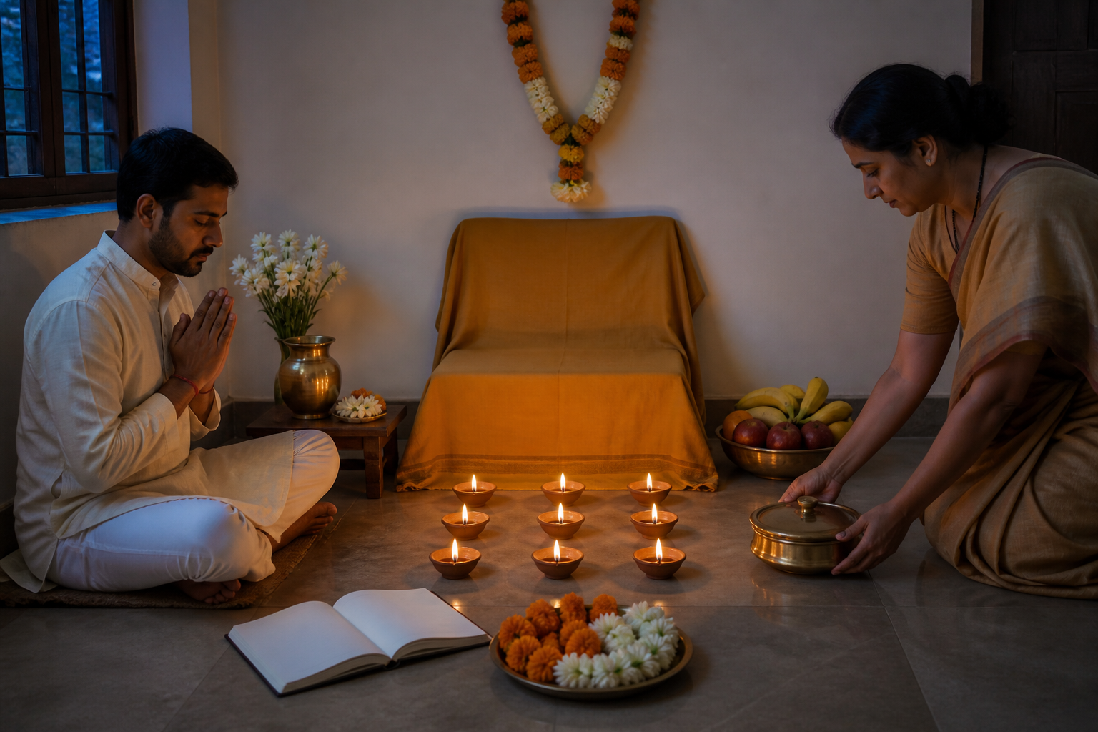 Two devotees observe at a simple home prayer corner with nine clay lamps, flowers, fruit, a brass vessel, and an empty ochre-covered meditation seat.
