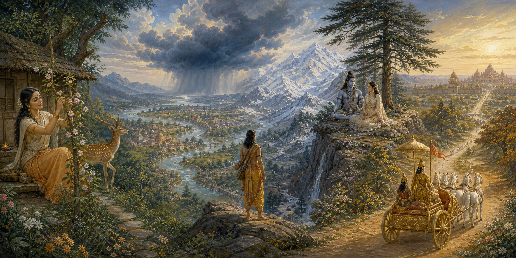 A continuous landscape combines a forest hermitage, a cloud crossing toward the Himalayas, a divine couple in the mountains and a royal chariot approaching a city.