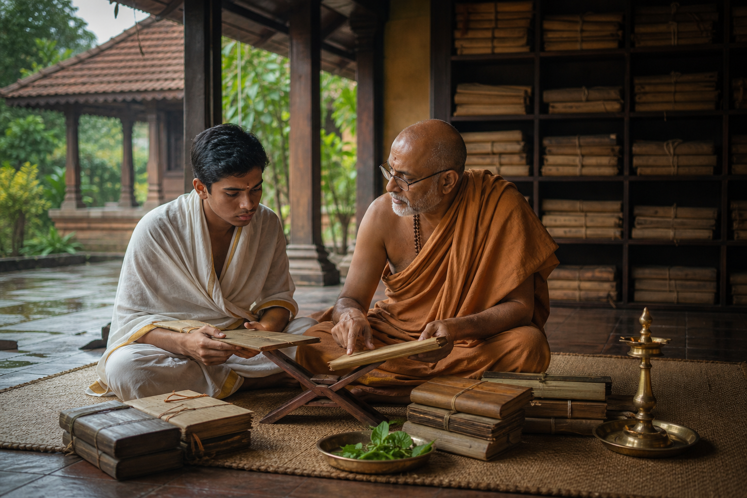 A student and monastic teacher compare palm-leaf manuscript bundles on a shaded library veranda.