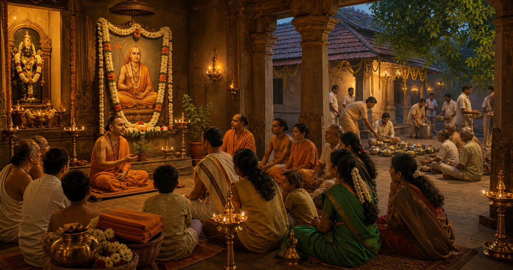 Families, students, and monastics gather for teaching, worship, and meal service during a temple observance honoring Madhvacharya.