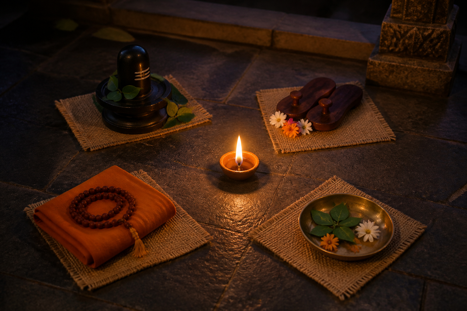 Distinct devotional arrangements, including a Shiva linga, wooden sandals, a meditation mala, and an offering bowl, surround one central clay lamp on a stone floor.