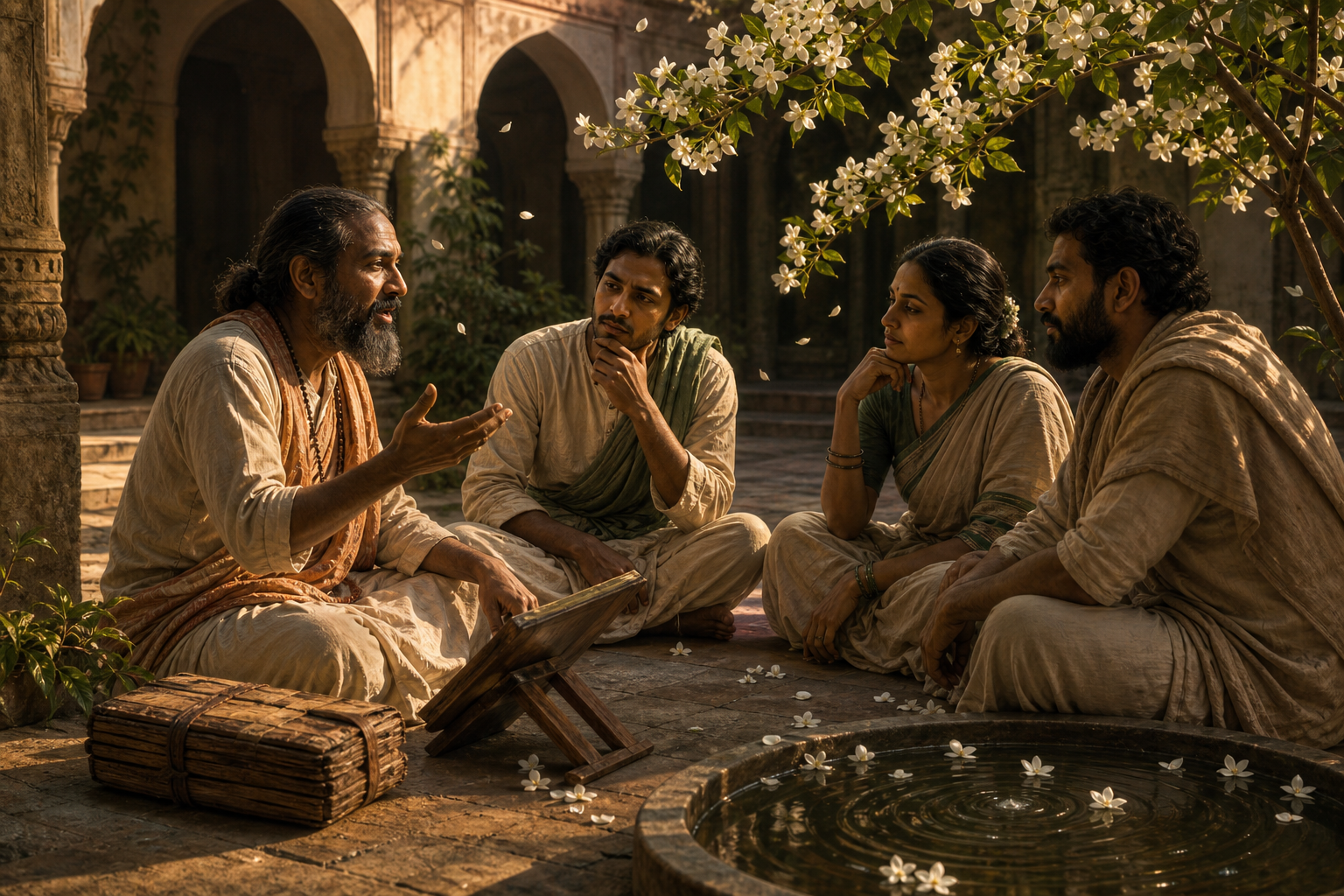 A small group studies through oral recitation in a shaded courtyard beside jasmine flowers and a rippling water basin.