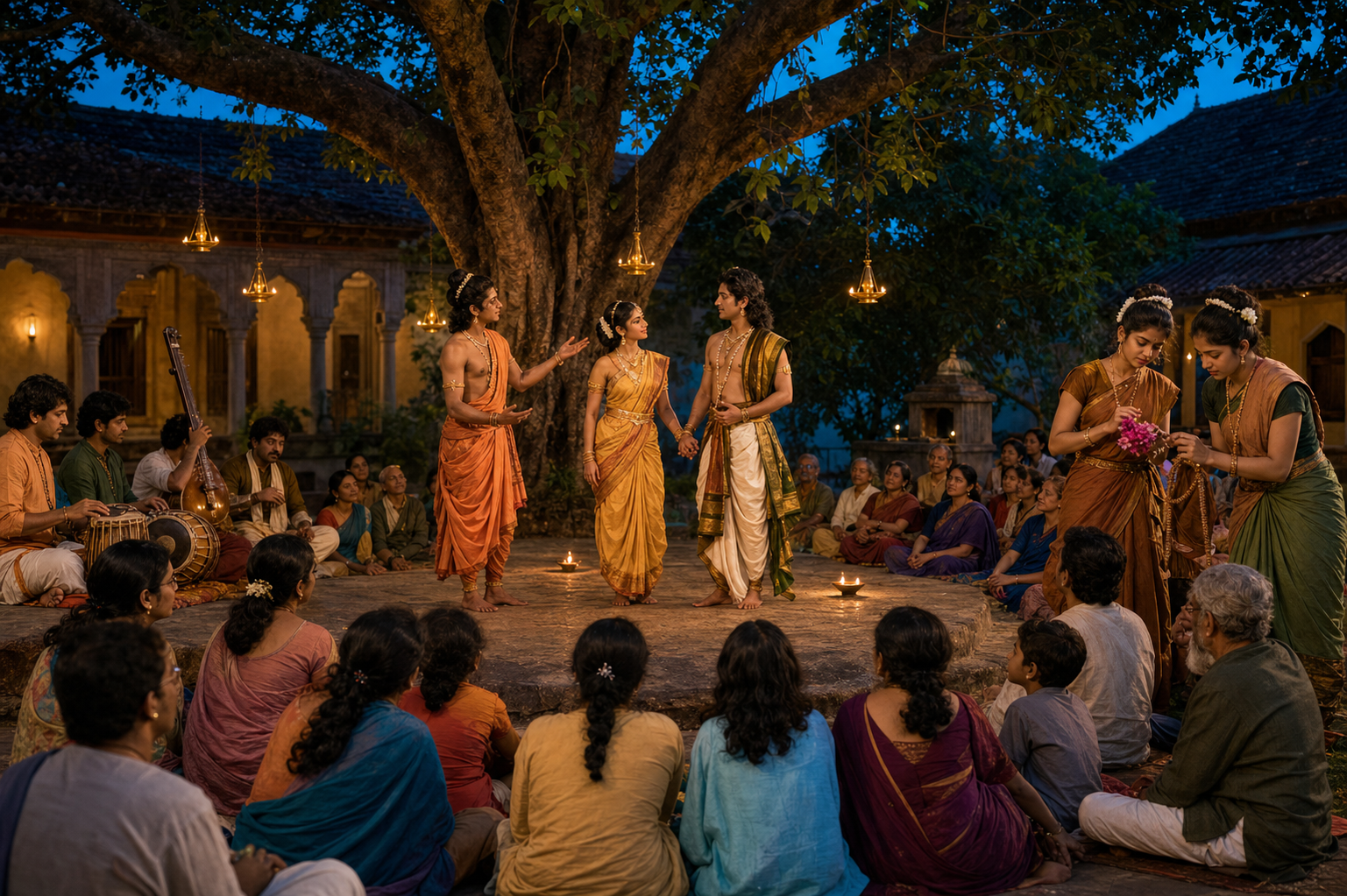 Performers stage a classical drama in a courtyard while musicians, students, families and elders watch in the evening light.