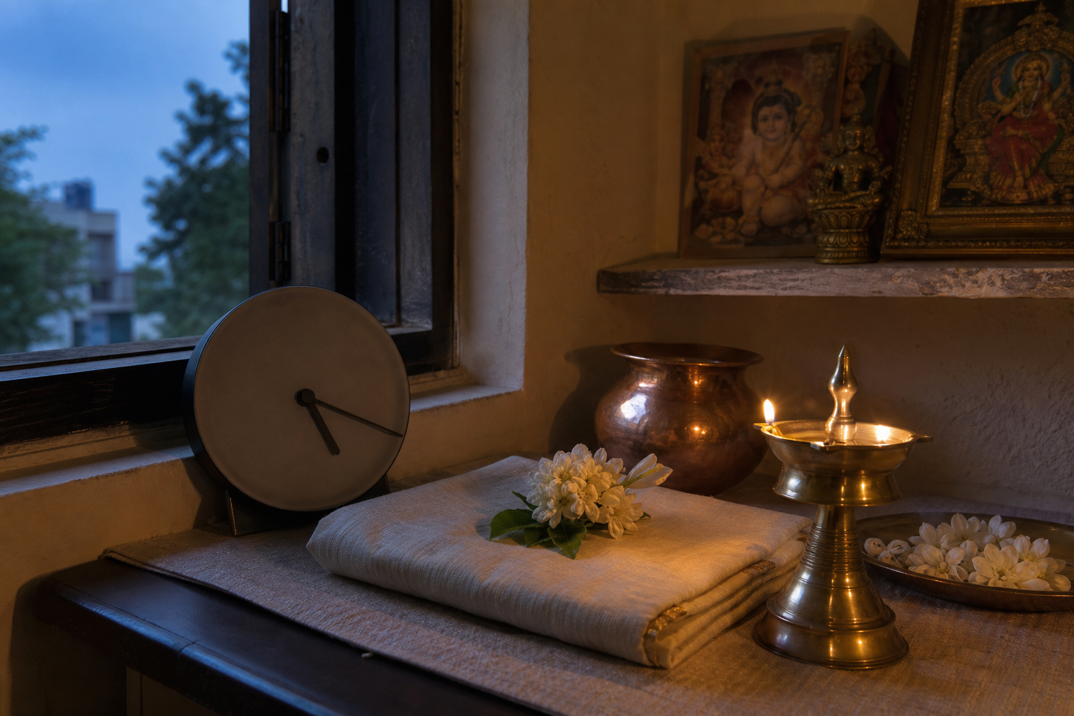 Cool dusk light and warm lamp light meet in a home prayer corner beside a plain analog clock set shortly after five twenty.